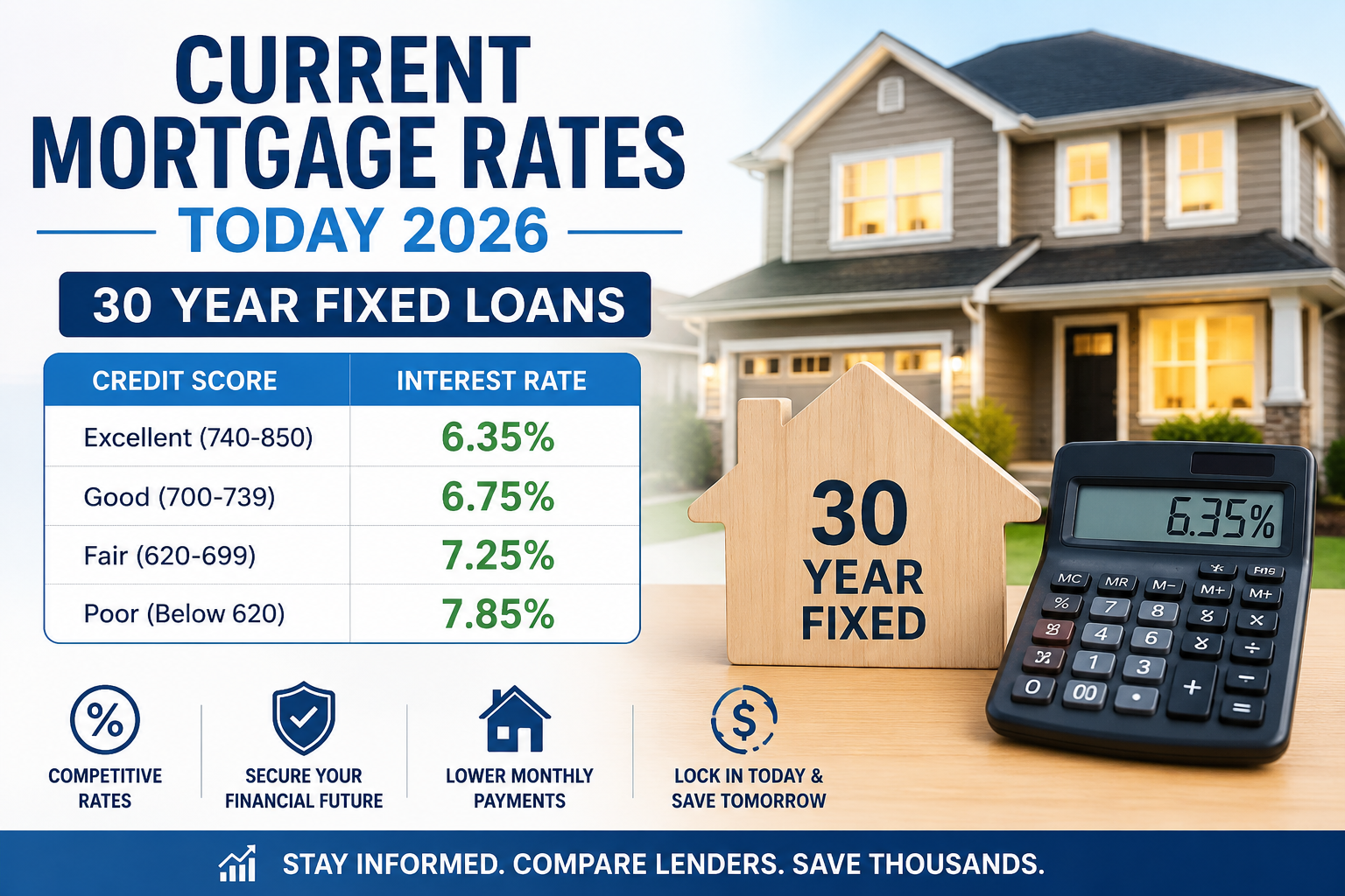 "Infographic showing current mortgage rates today 2026 for 30 year fixed loans, including a modern house, calculator, interest rate trends, tips to compare lenders, and APR 6.45 percent as of April 10, 2026."