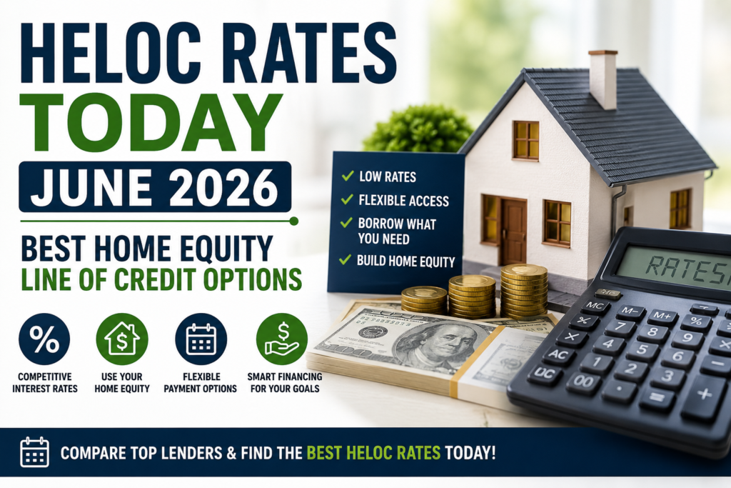 HELOC Rates Today June 2026: Best Home Equity Line of Credit Options infographic featuring a model house, calculator, cash, and stacked coins representing home equity financing.