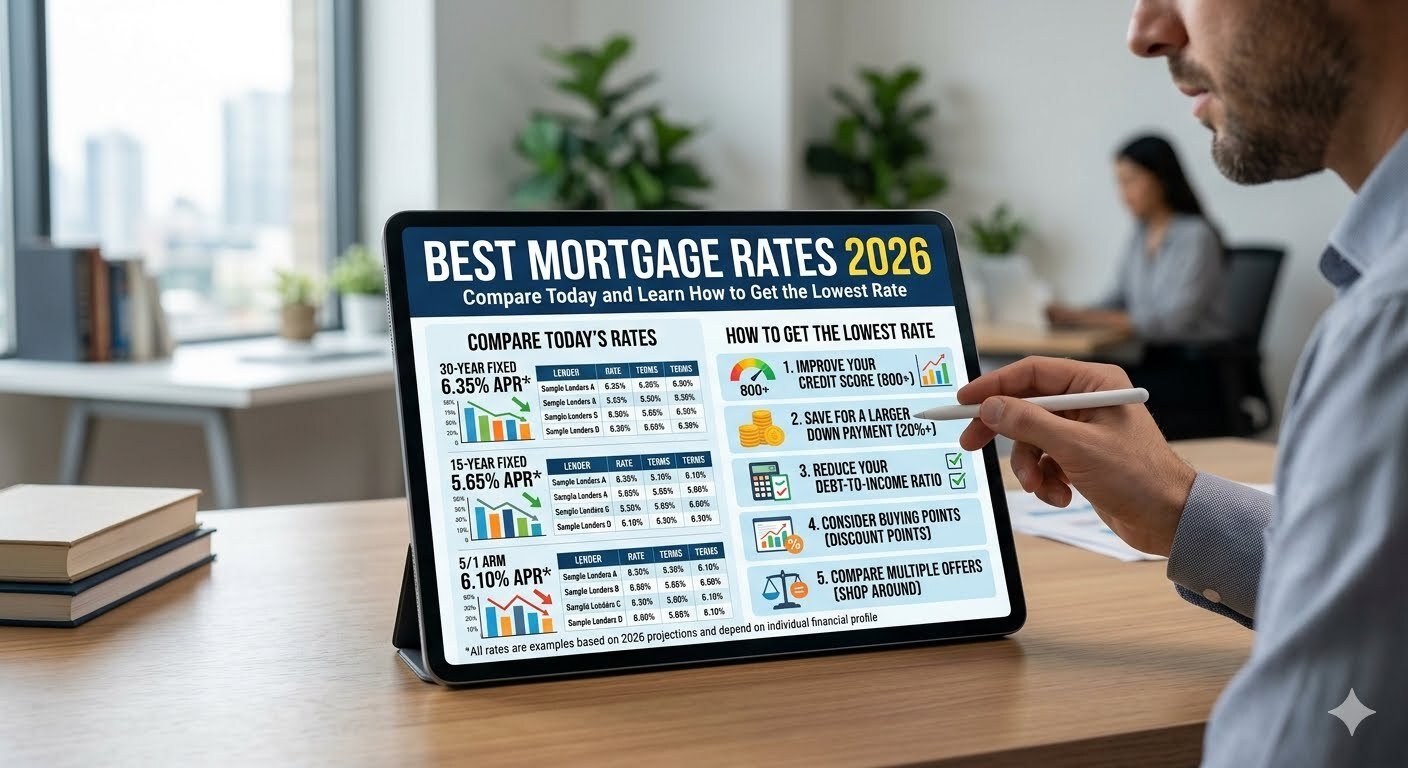 Best Mortgage Rates 2026 guide showing how home buyers can compare mortgage lenders, qualify for the lowest mortgage rate, and save money on home financing.