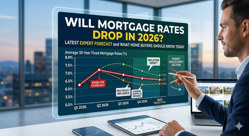 Financial advisor reviewing mortgage rate charts with a couple planning to buy a home, illustrating the latest expert forecast on whether mortgage rates will drop in 2026 and what it means for home buyers and homeowners.
