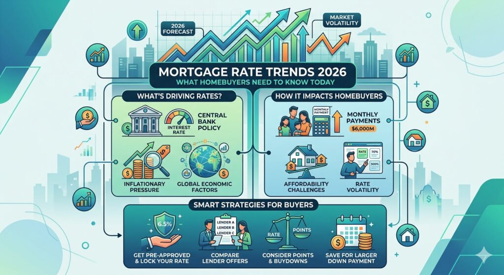 Mortgage Rate Trends 2026 showing current home loan interest rates, housing market insights, and mortgage tips to help homebuyers make informed financing decisions.