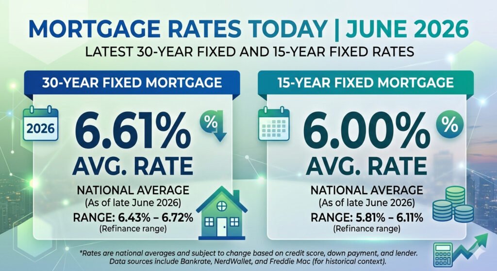 Mortgage rates today in June 2026 showing a comparison of 30 year fixed and 15 year fixed home loan options, helping homebuyers evaluate interest rates, monthly payments, and mortgage financing choices.