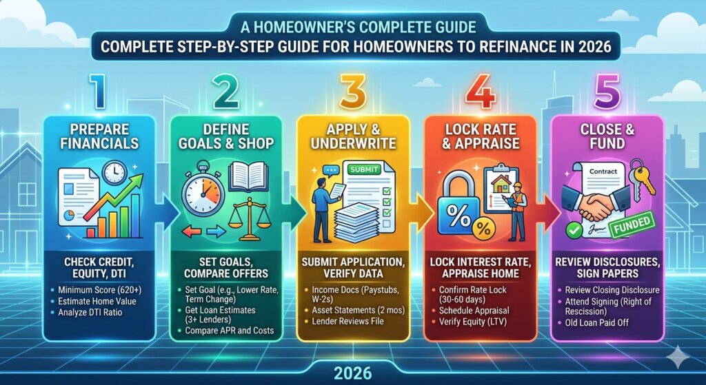 Step by step guide explaining how to refinance your home in 2026, showing key stages like reviewing mortgage, comparing lenders, applying, and loan approval process.