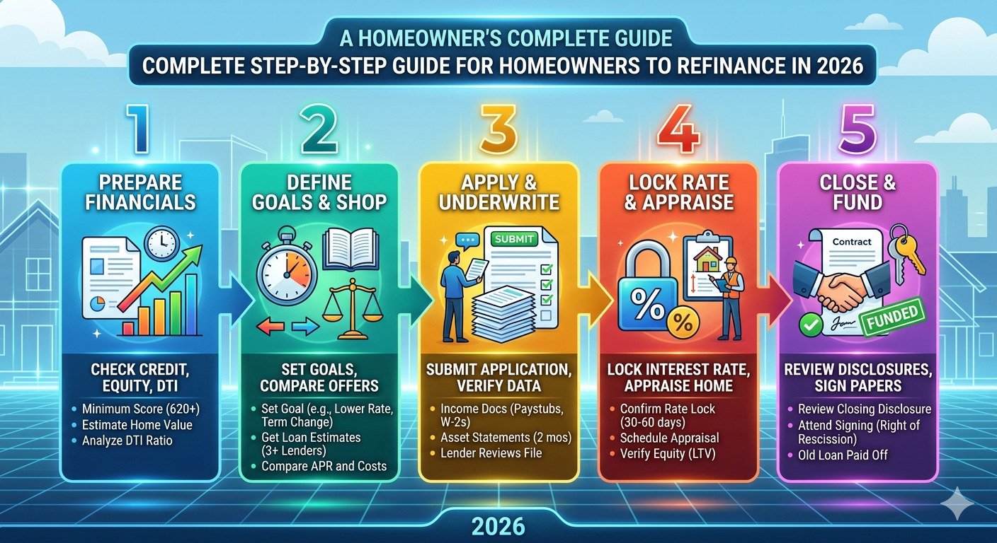 Step by step guide explaining how to refinance your home in 2026, showing key stages like reviewing mortgage, comparing lenders, applying, and loan approval process.