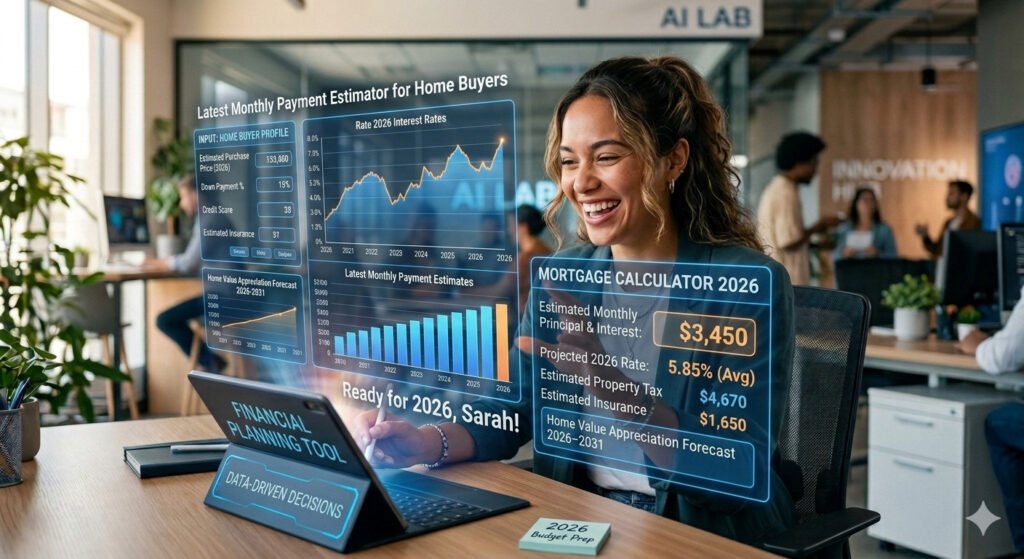 Mortgage Calculator 2026 showing monthly payment estimation, home loan costs, interest rates, and budgeting tool for home buyers.