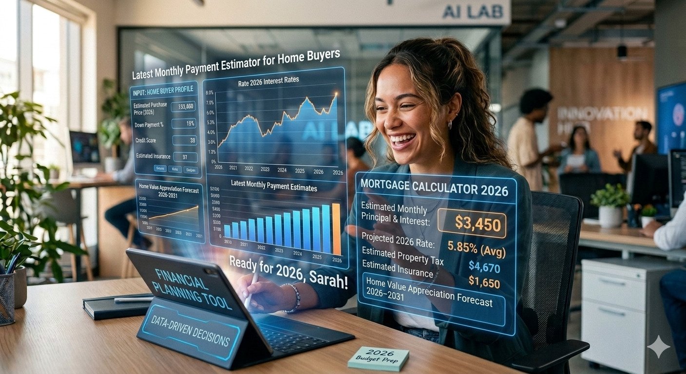 Mortgage Calculator 2026 showing monthly payment estimation, home loan costs, interest rates, and budgeting tool for home buyers.
