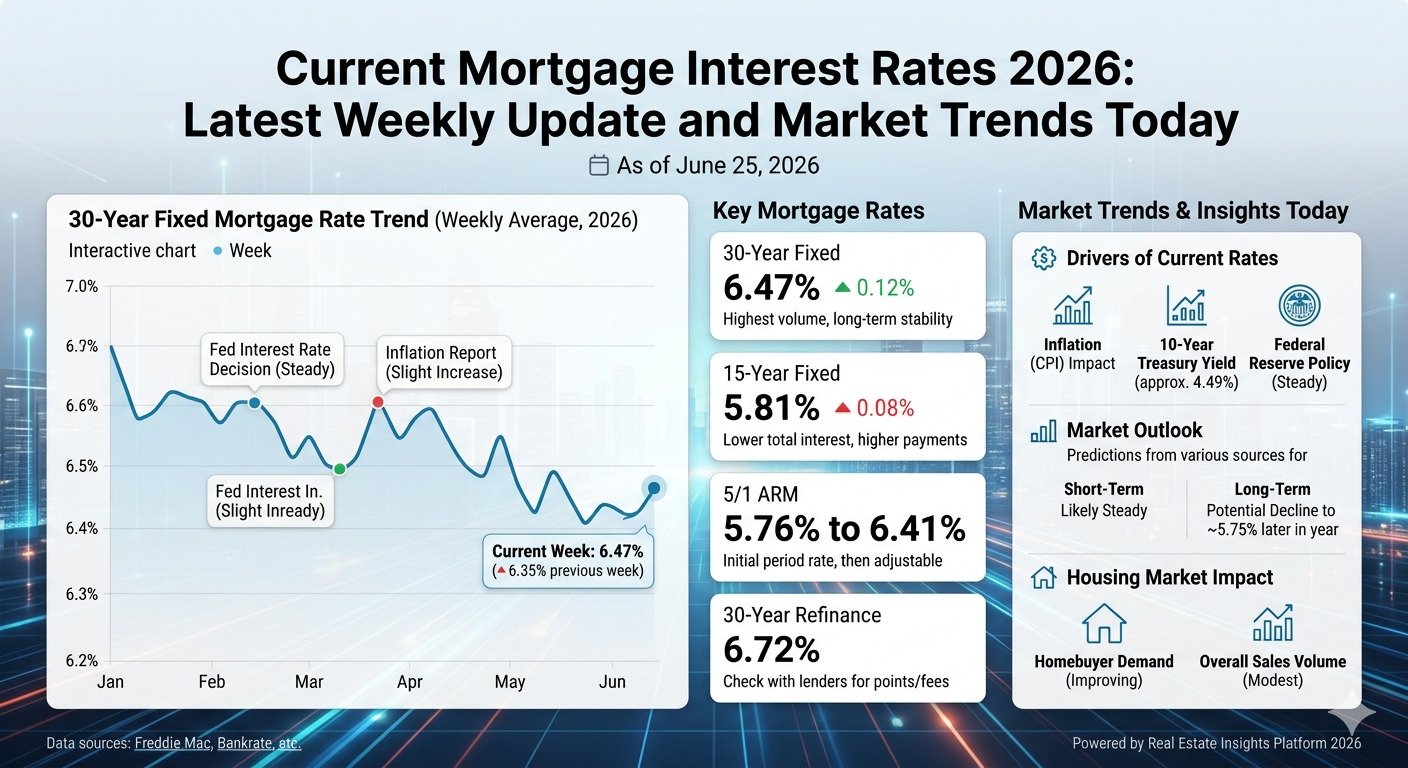 Current Mortgage Interest Rates 2026 weekly update showing the latest mortgage rate trends, home loan interest rates, refinancing opportunities, fixed rate and adjustable rate mortgage options, and expert insights for home buyers and homeowners.