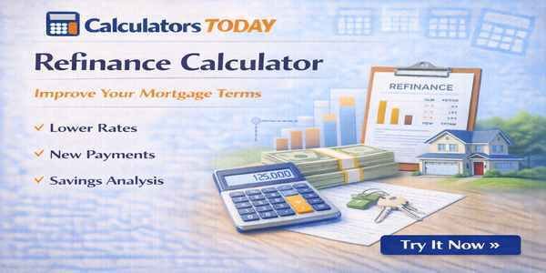 Home Refinance Calculator 2026 showing mortgage payment estimates, refinance savings, interest rate comparison, and monthly home loan calculations.