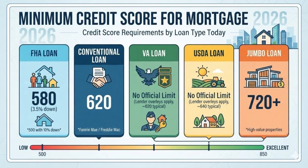 Minimum Credit Score for Mortgage 2026 by loan type comparison showing FHA, Conventional, VA, USDA, and Jumbo loan credit score requirements for home buyers in 2026.