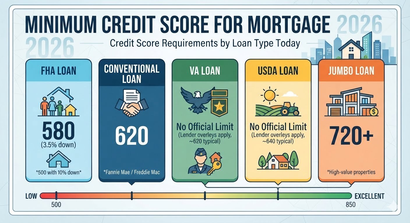 Minimum Credit Score for Mortgage 2026 by loan type comparison showing FHA, Conventional, VA, USDA, and Jumbo loan credit score requirements for home buyers in 2026.