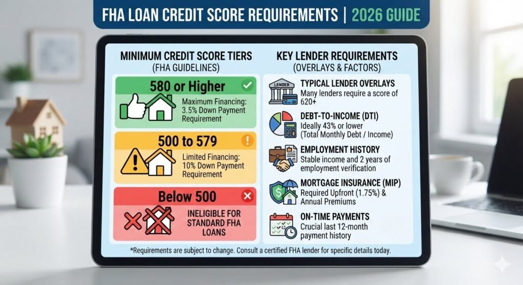What Credit Score Do I Need for FHA Loan in 2026? Illustration showing minimum FHA credit score requirements, home loan approval, mortgage application, and first time home buyer guidance.