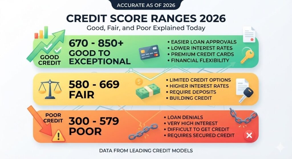 Credit Score Ranges 2026 showing good, fair, very good, excellent, and poor credit score chart for mortgage, loan, and credit card approval
