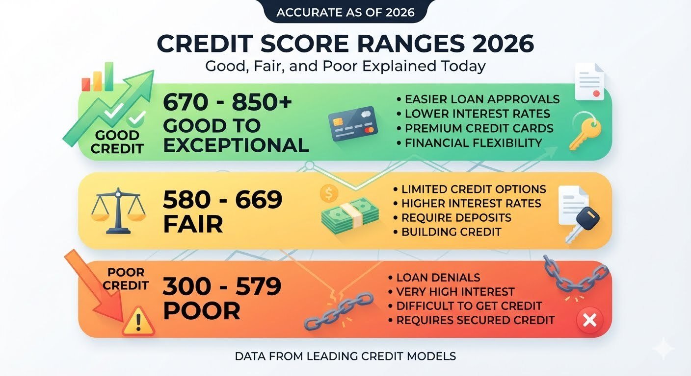 Credit Score Ranges 2026 showing good, fair, very good, excellent, and poor credit score chart for mortgage, loan, and credit card approval