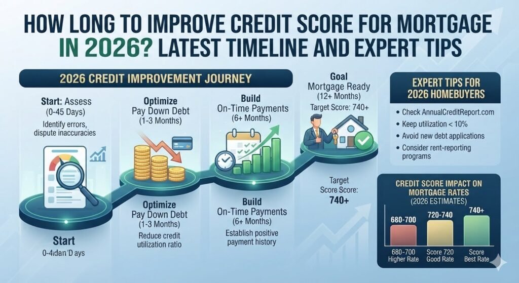 How Long to Improve Credit Score for Mortgage 2026 infographic showing credit score improvement timeline, mortgage approval tips, credit report, and home loan planning for better mortgage rates.
