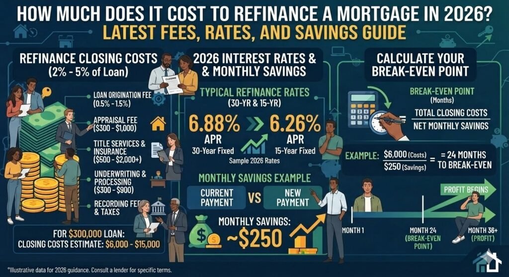 How much does it cost to refinance a mortgage in 2026 showing mortgage refinance fees, closing costs, and home loan savings guide.