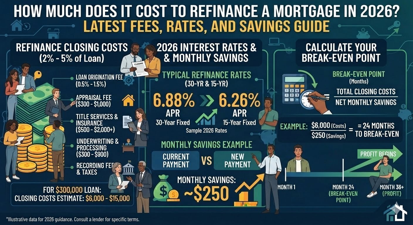How much does it cost to refinance a mortgage in 2026 showing mortgage refinance fees, closing costs, and home loan savings guide.