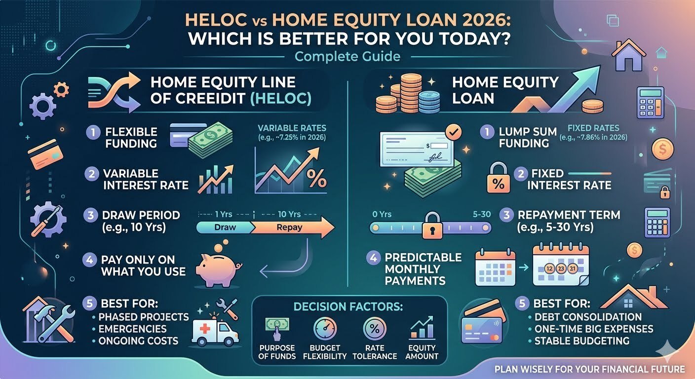 HELOC vs Home Equity Loan 2026 comparison showing flexible credit line and fixed loan options for homeowners.