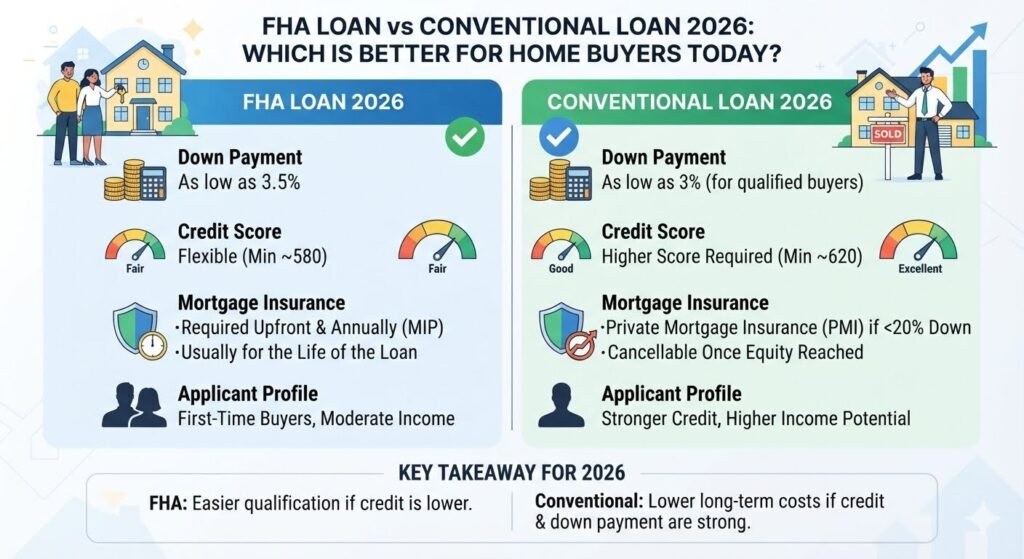 FHA Loan vs Conventional Loan 2026 comparison chart showing credit score requirements, down payment, mortgage insurance, interest rates, and key differences to help home buyers choose the best mortgage option.