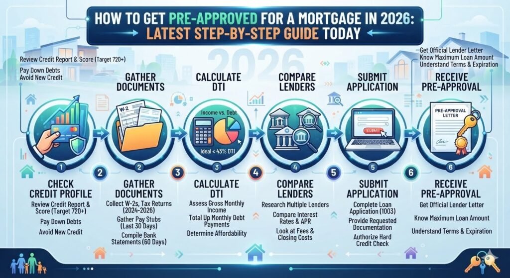 Home buyer reviewing mortgage documents with a lender while learning how to get pre approved for a mortgage in 2026 before purchasing a new home.
