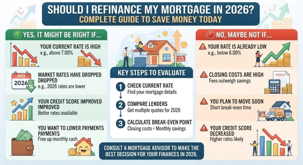 Should I Refinance My Mortgage in 2026? Complete Guide showing a homeowner reviewing mortgage refinance options, interest rates, and financial documents before making a refinancing decision.