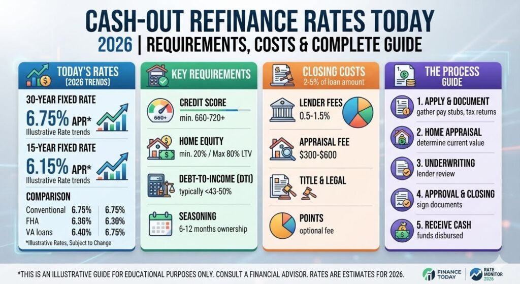 Cash Out Refinance 2026 guide showing mortgage rates, eligibility requirements, home equity, closing costs, and the refinancing process for homeowners seeking cash from their property.