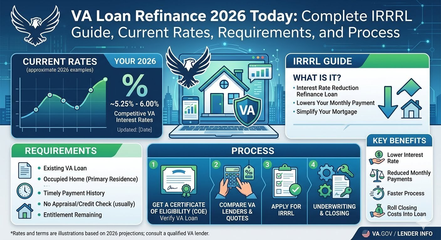 VA Loan Refinance 2026 IRRRL Guide and Rates with veteran homeowner reviewing mortgage refinance options, current VA refinance rates, eligibility, and home loan savings.