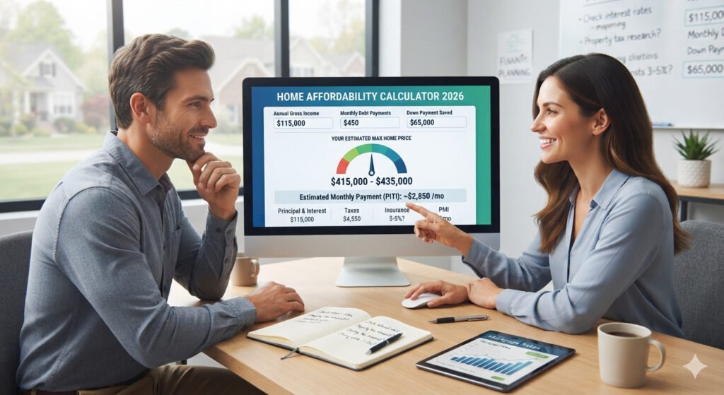 How Much House Can I Afford in 2026 calculator guide showing a family reviewing home buying costs, mortgage payments, down payment, and home affordability estimates.