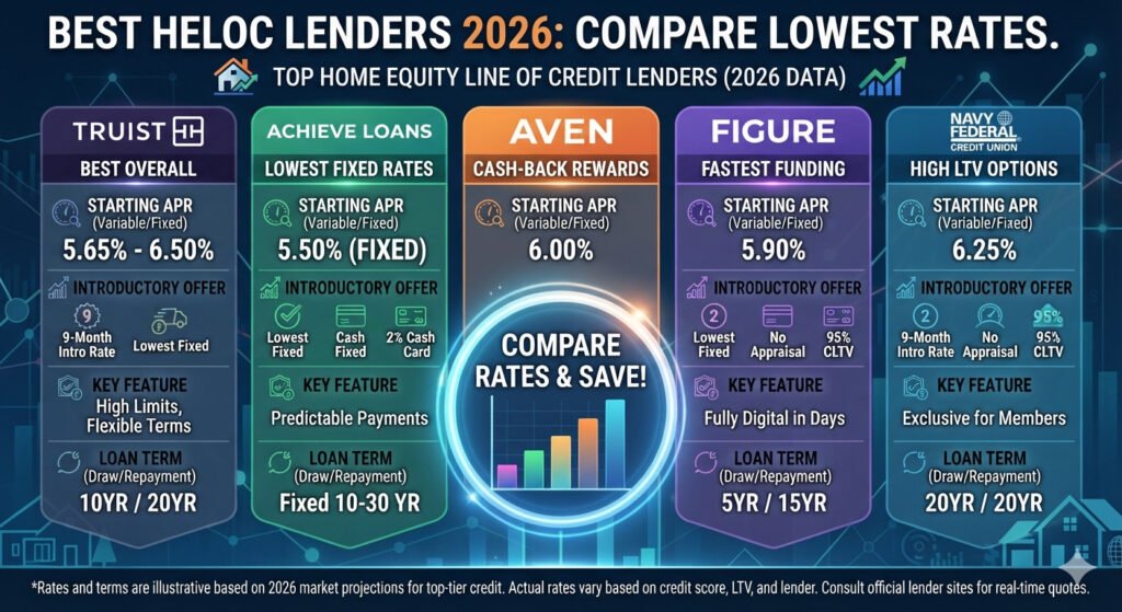 Best HELOC Lenders 2026 comparison showing the lowest home equity line of credit rates, lender options, eligibility requirements, and tips for choosing the right HELOC for your financial needs.