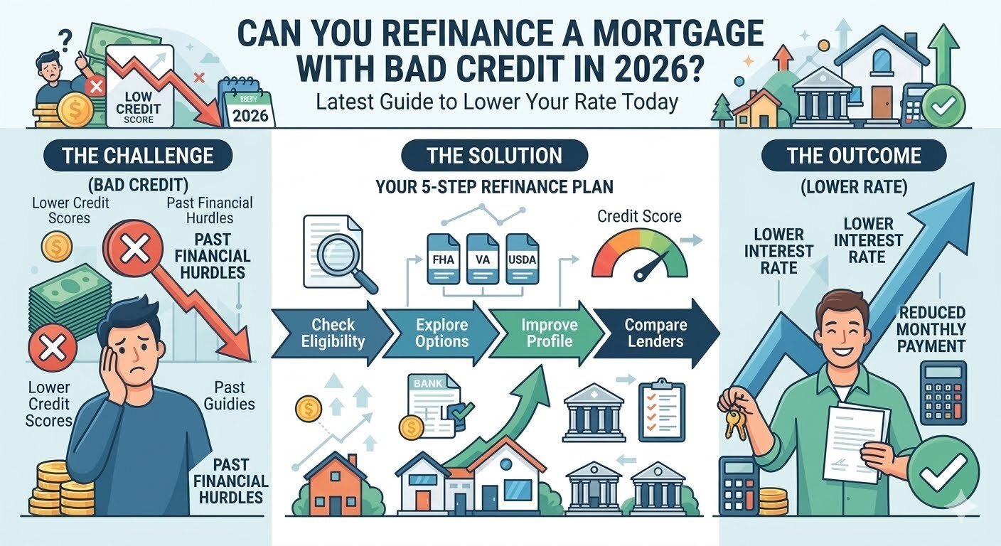 Yes, you can refinance a mortgage with bad credit. While a lower credit score may limit your options, many lenders also consider your income, home equity, debt to income ratio, and payment history. Refinancing may help you lower your monthly payment, secure a better loan term, or reduce your interest rate.