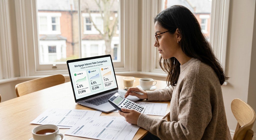 Mortgage Interest Rates Explained with home loan calculator and financial documents